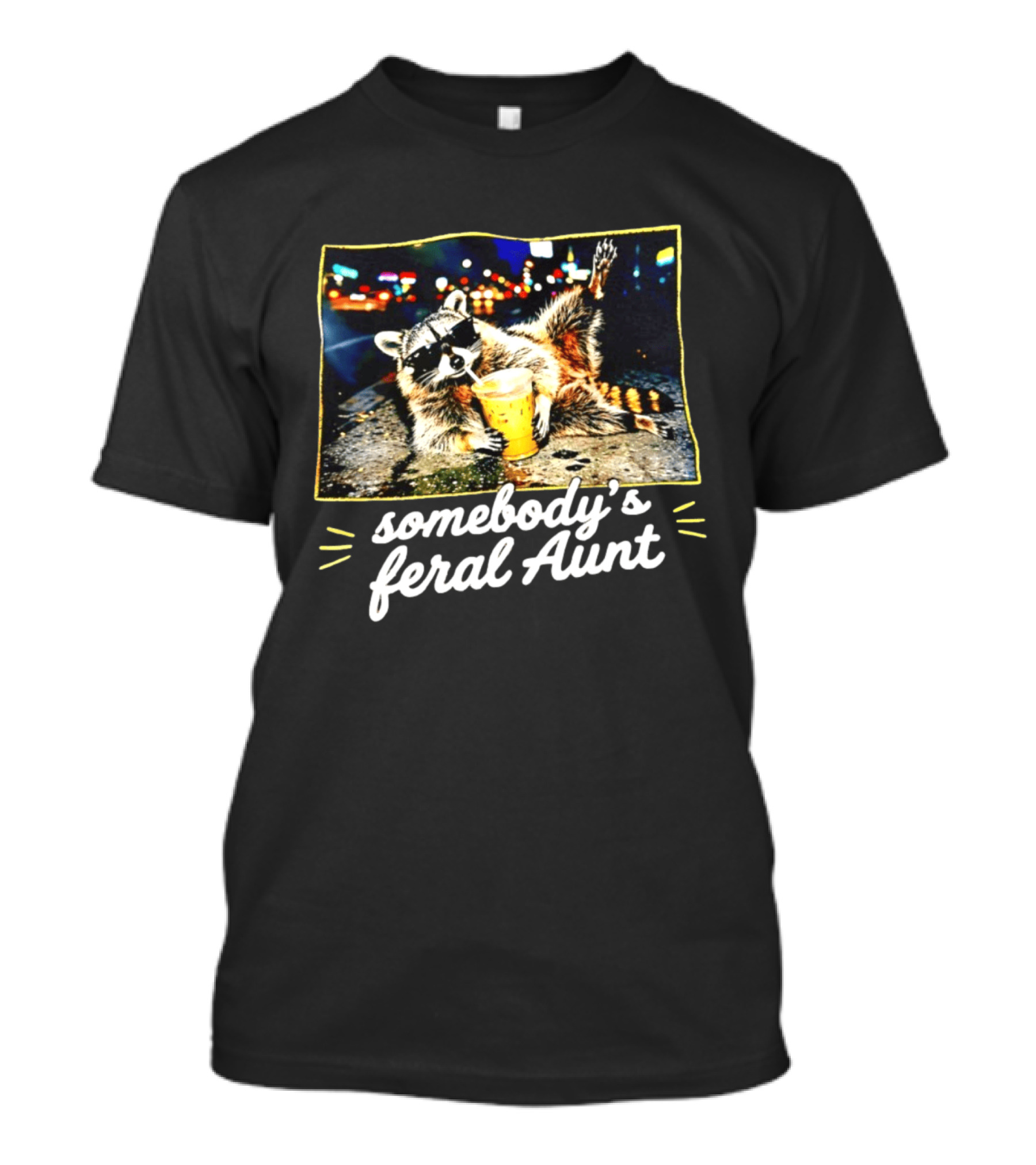 Somebody's Feral Aunt Raccoon Iced Coffee Street Scene T-Shirt