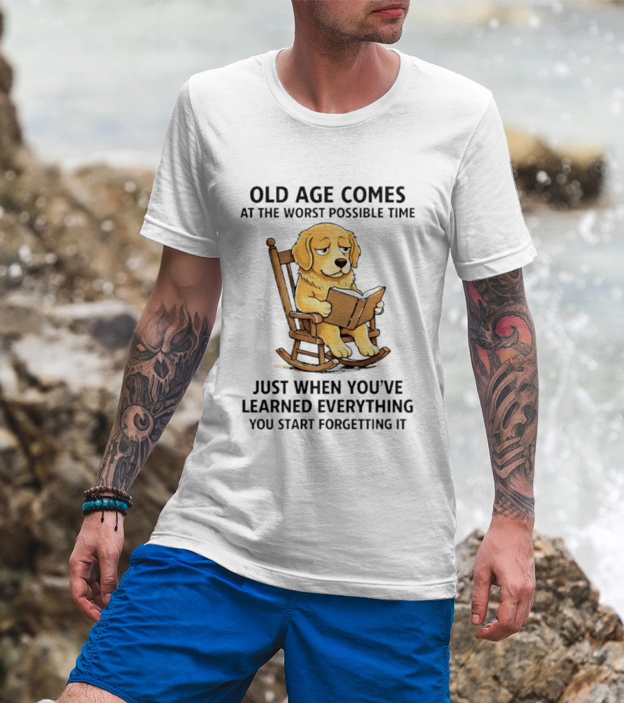 Golden Retriever Reading In Rocking Chair Old Age Humor T-Shirt