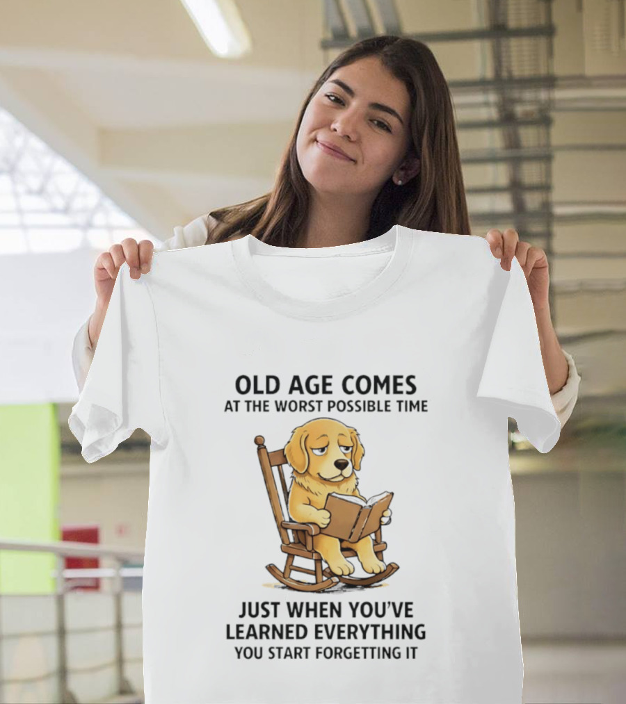 Golden Retriever Reading In Rocking Chair Old Age Humor T-Shirt
