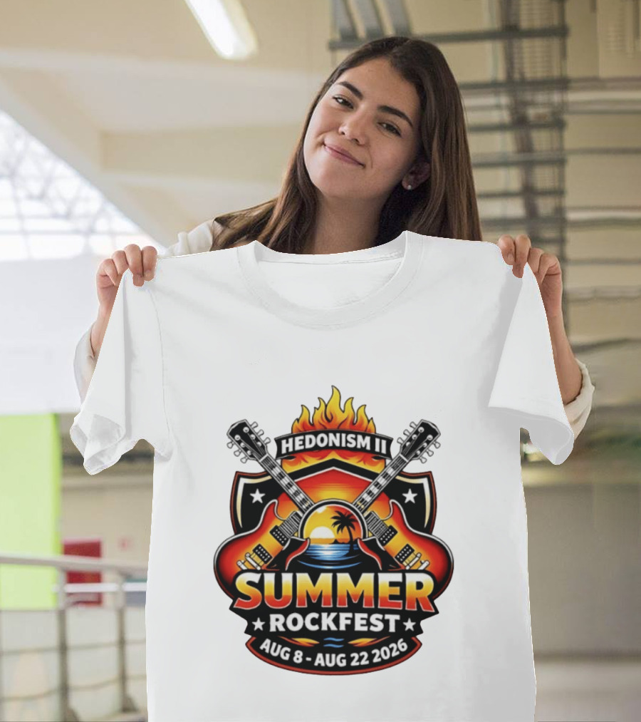 Hedonism II Summer Rockfest August 8 22 2026 Guitars Sunset Palms Fire T-Shirt