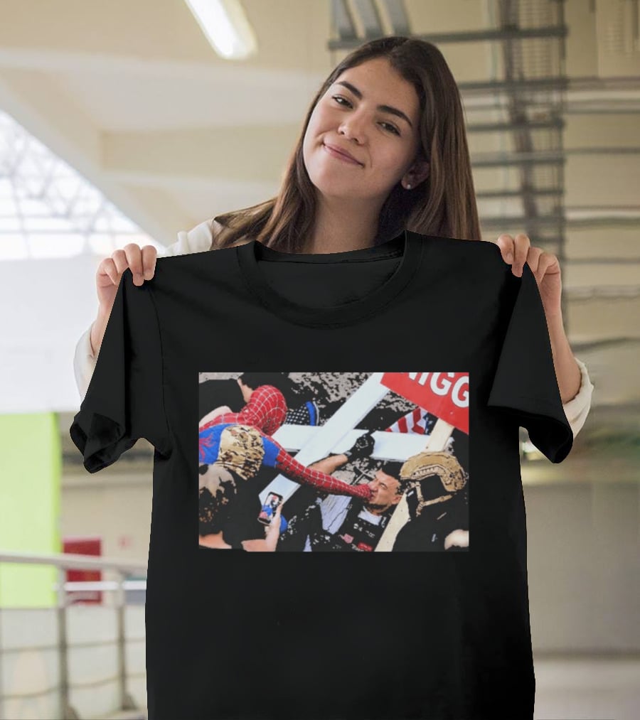 Spiderman Punch A Nazi Humor Superhero Comic Book Action Scene T-Shirt