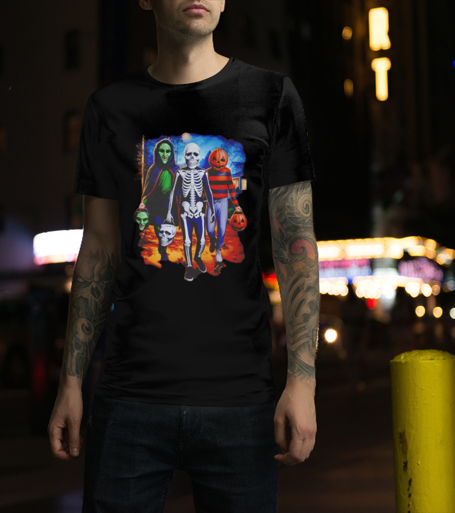 2026 Halloween Trick Or Treat Trio Skeleton Witch Pumpkin Night T-Shirt