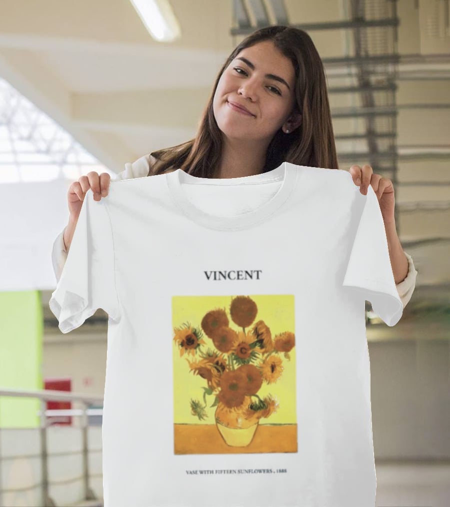 Vincent Van Gogh Sunflowers Vase Painting Vincent Written On It T-Shirt