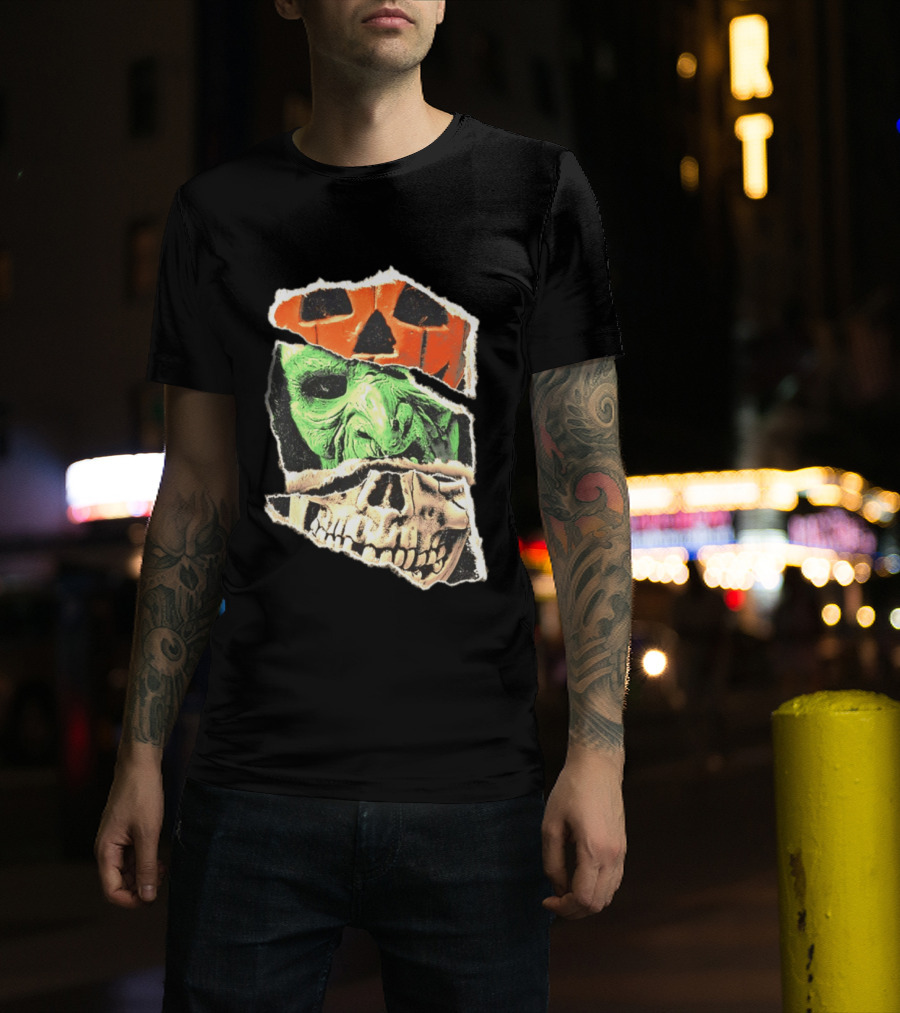 Halloween Trio Three Masks Horror Season Of The Witch Pumpkin Skull Green Mask T-Shirt