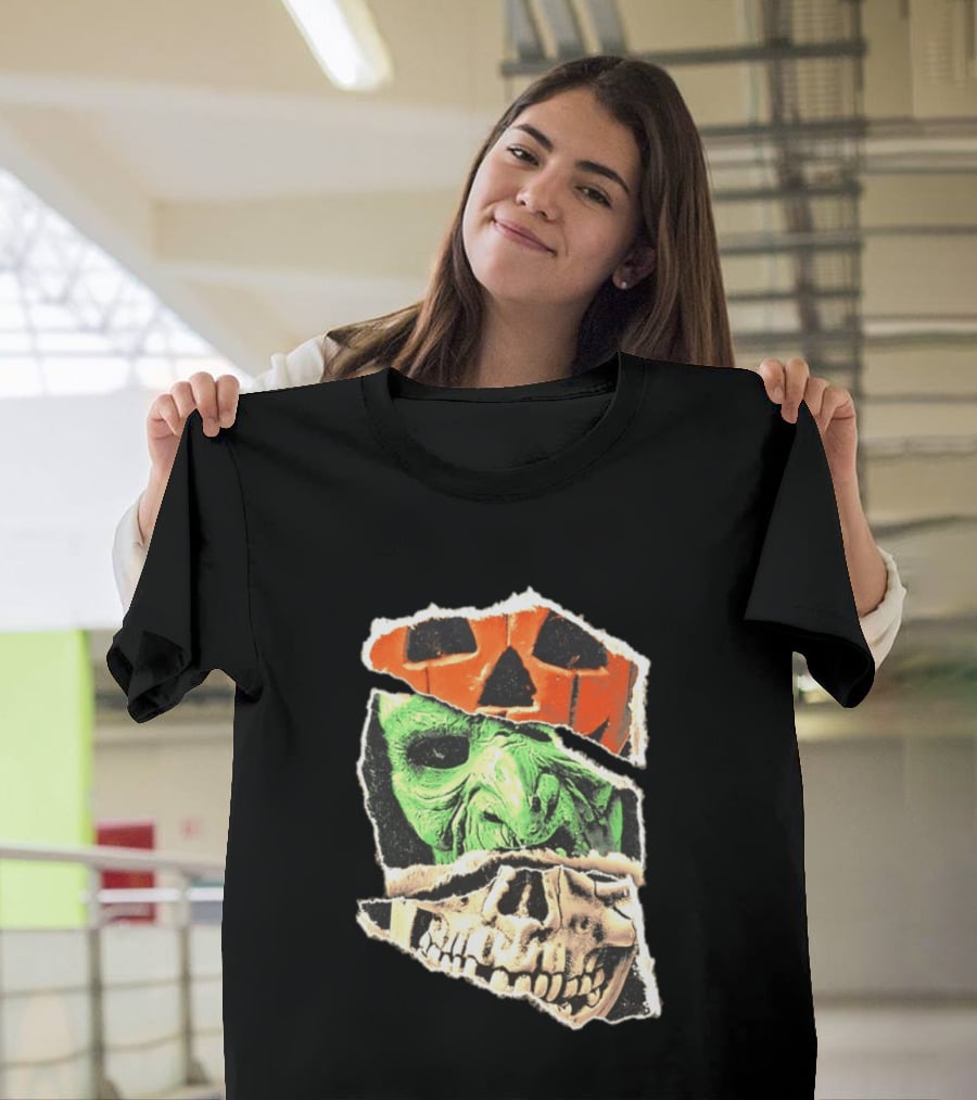 Halloween Trio Three Masks Horror Season Of The Witch Pumpkin Skull Green Mask T-Shirt