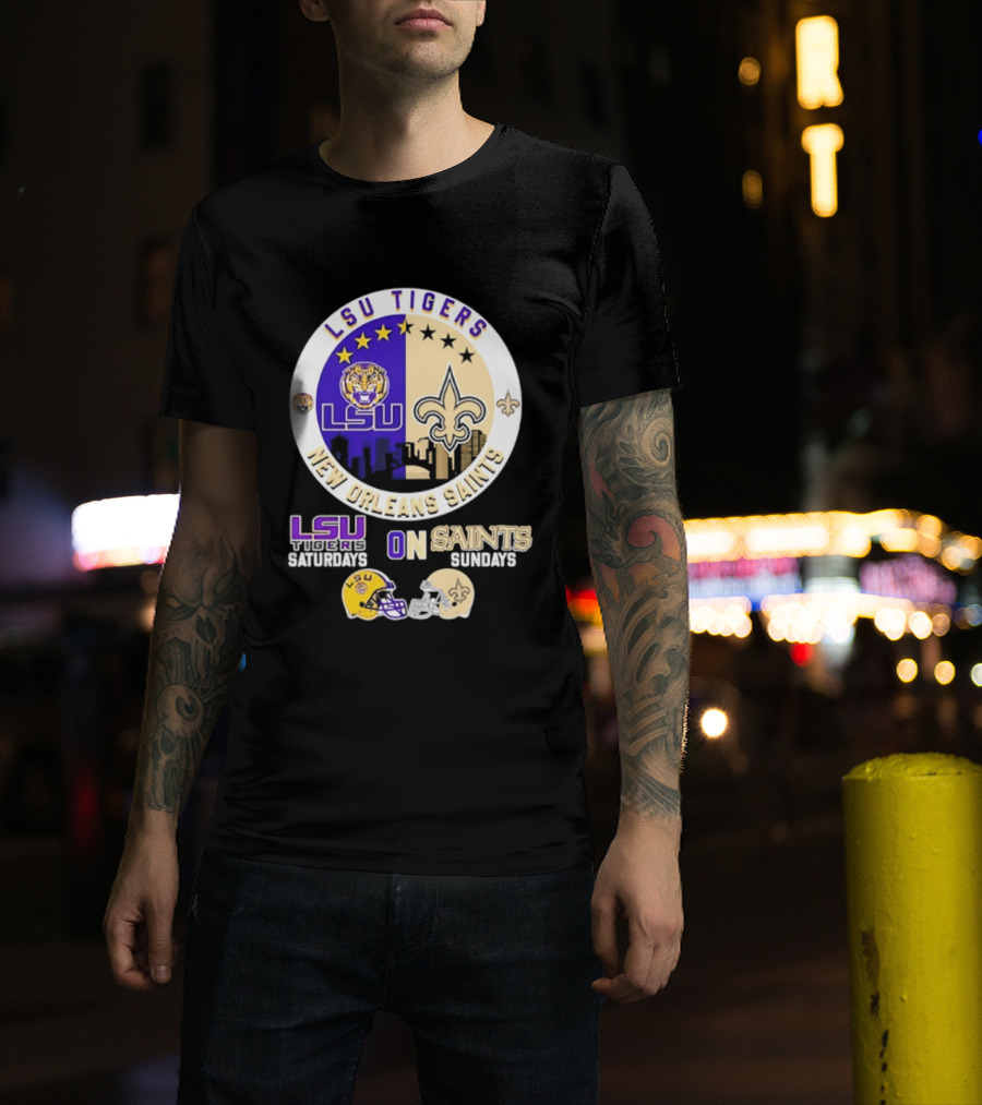 LSU Tigers New Orleans Saints Skyline Helmet Celebration Saturdays Sundays T-Shirt