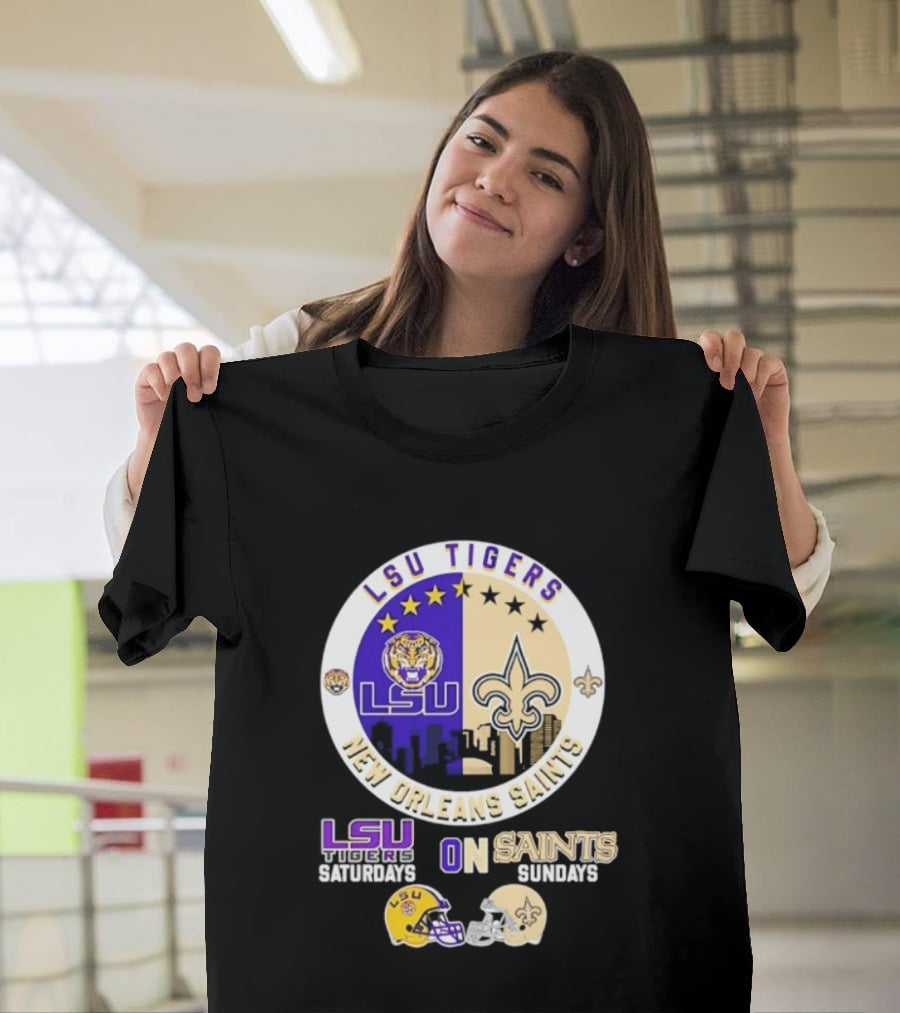 LSU Tigers New Orleans Saints Skyline Helmet Celebration Saturdays Sundays T-Shirt