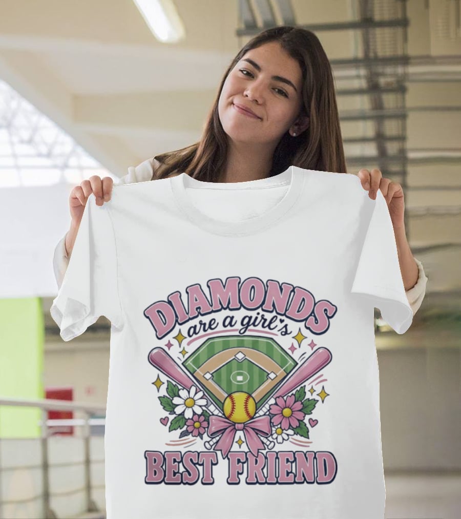Diamonds Are A Girl's Best Friend Softball Field Pink Bats Floral Stars T-Shirt