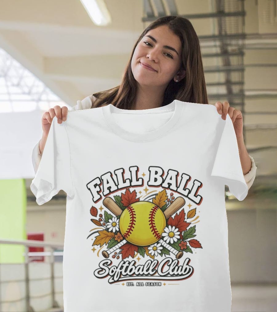 Fall Ball Softball Club Established All Season Autumn Leaves And Bats T-Shirt