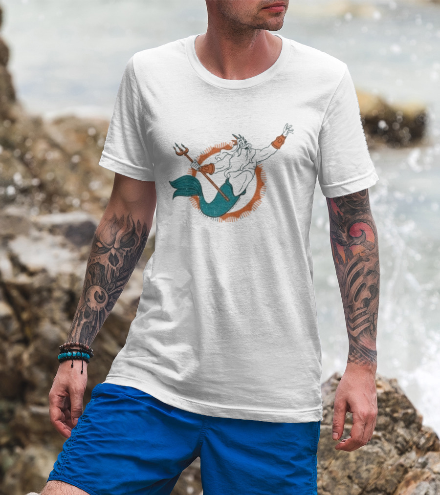 Miami Dolphins King Triton Pose With Trident And Aqua Tail T-Shirt