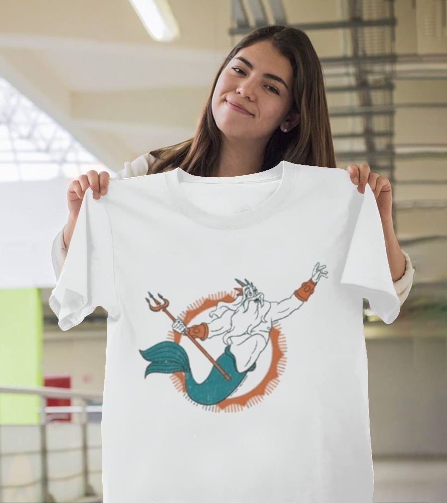 Miami Dolphins King Triton Pose With Trident And Aqua Tail T-Shirt