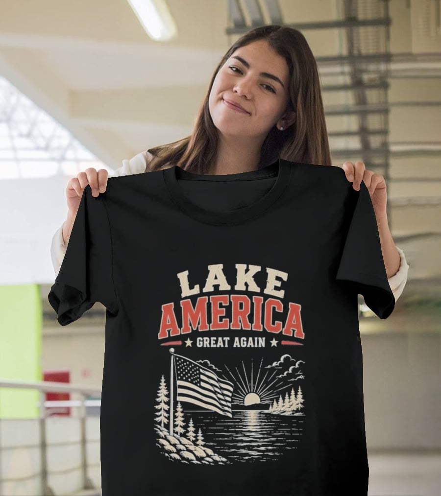 Lake America Great Again With Sunset And Flag Scene T-Shirt