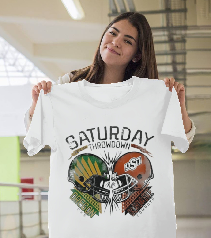 Oklahoma State Vs Oregon Saturday Throwdown 2026 Helmet Clash T-Shirt