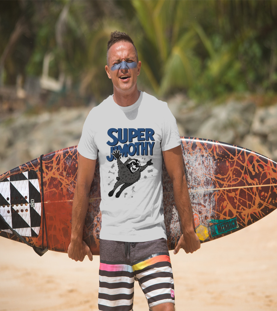 Super Jimothy Leaping Raccoon Playful Adventure T-Shirt