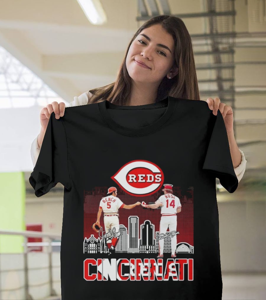 Cincinnati Reds Bench And Rose Skyline Signatures T-Shirt