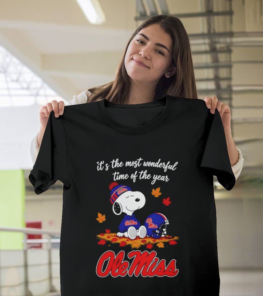Ole Miss Snoopy It's The Most Wonderful Time Of The Year Fall Leaves T-Shirt