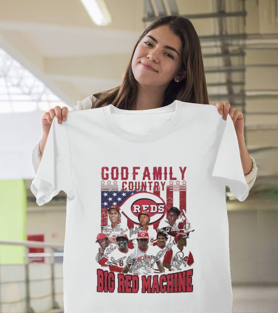 Cincinnati Reds God Family Country Big Red Machine Reds Signatures T-Shirt