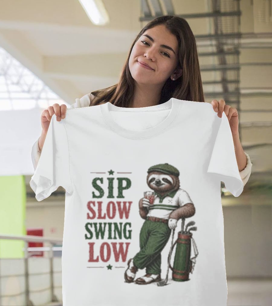 Sip Slow Swing Low Sloth Golfer Drinking Relaxed Golf T-Shirt