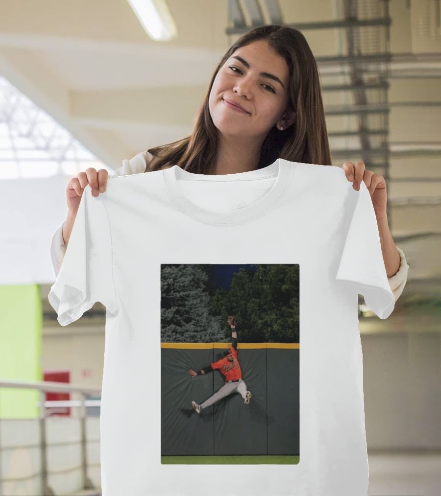 Colton Cowser Catch At Wall Wearing Red O's Jersey In Field Action T-Shirt