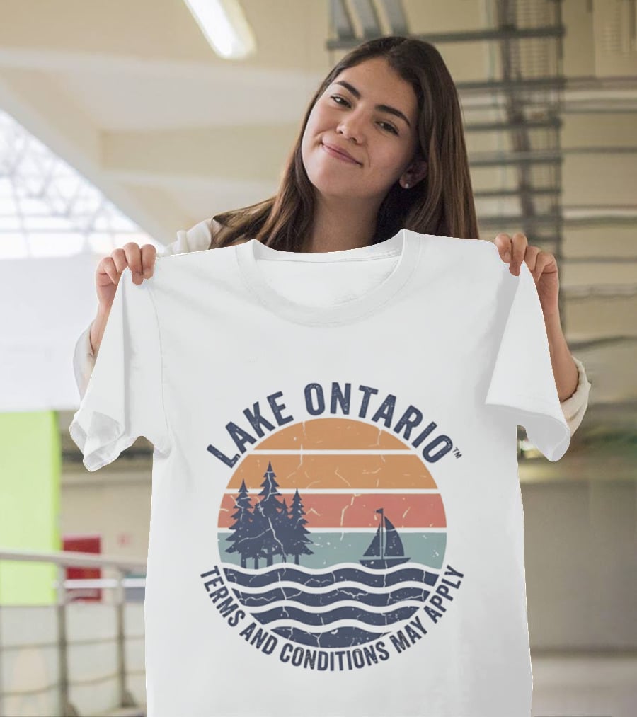 Lake Ontario Terms And Conditions May Apply Sunset Scene With Sailboat And Trees T-Shirt