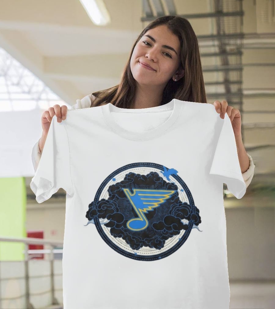 STL Blues Fourth Wing Night 2026 Circle Blue Emblem With Musical Note And Clouds T-Shirt