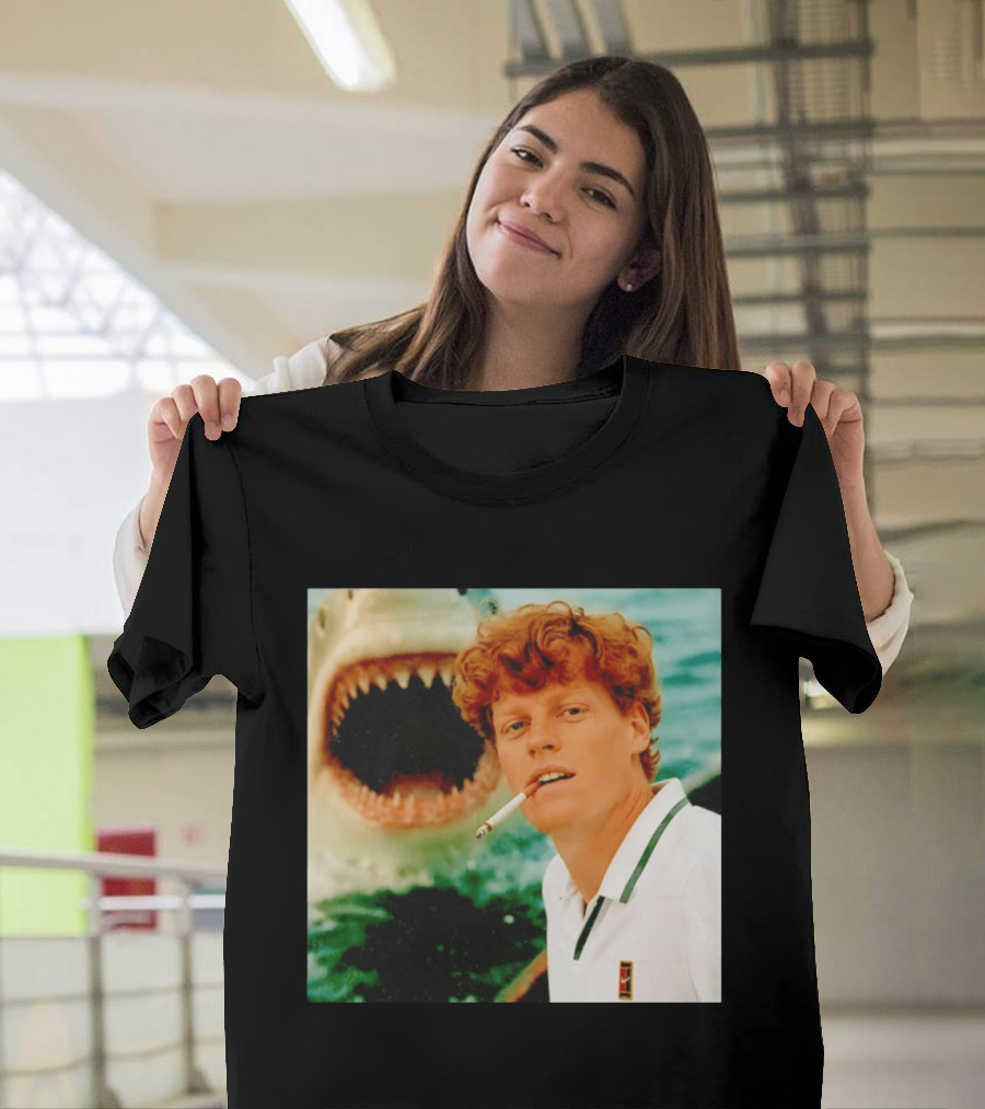 Jannik Sinner Smoking With Jaws Shark Behind T-Shirt