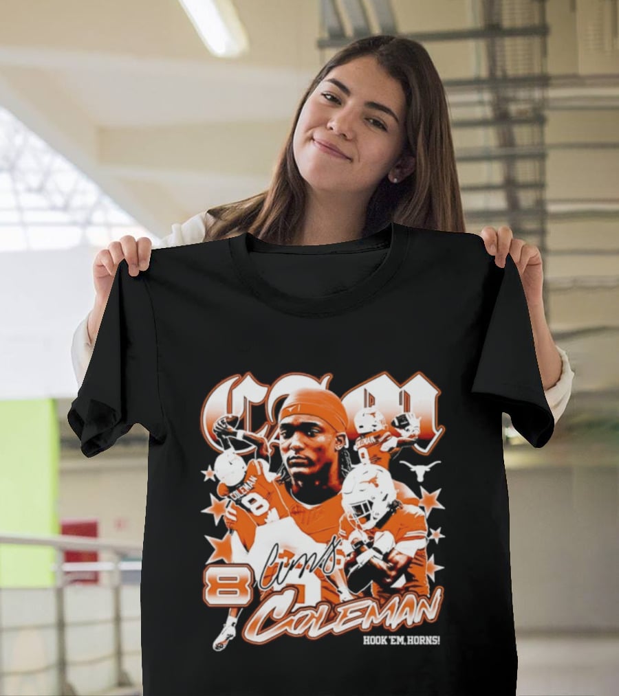 Cameron Coleman 8 Texas Longhorns NCAA Football Star Player Action T-Shirt