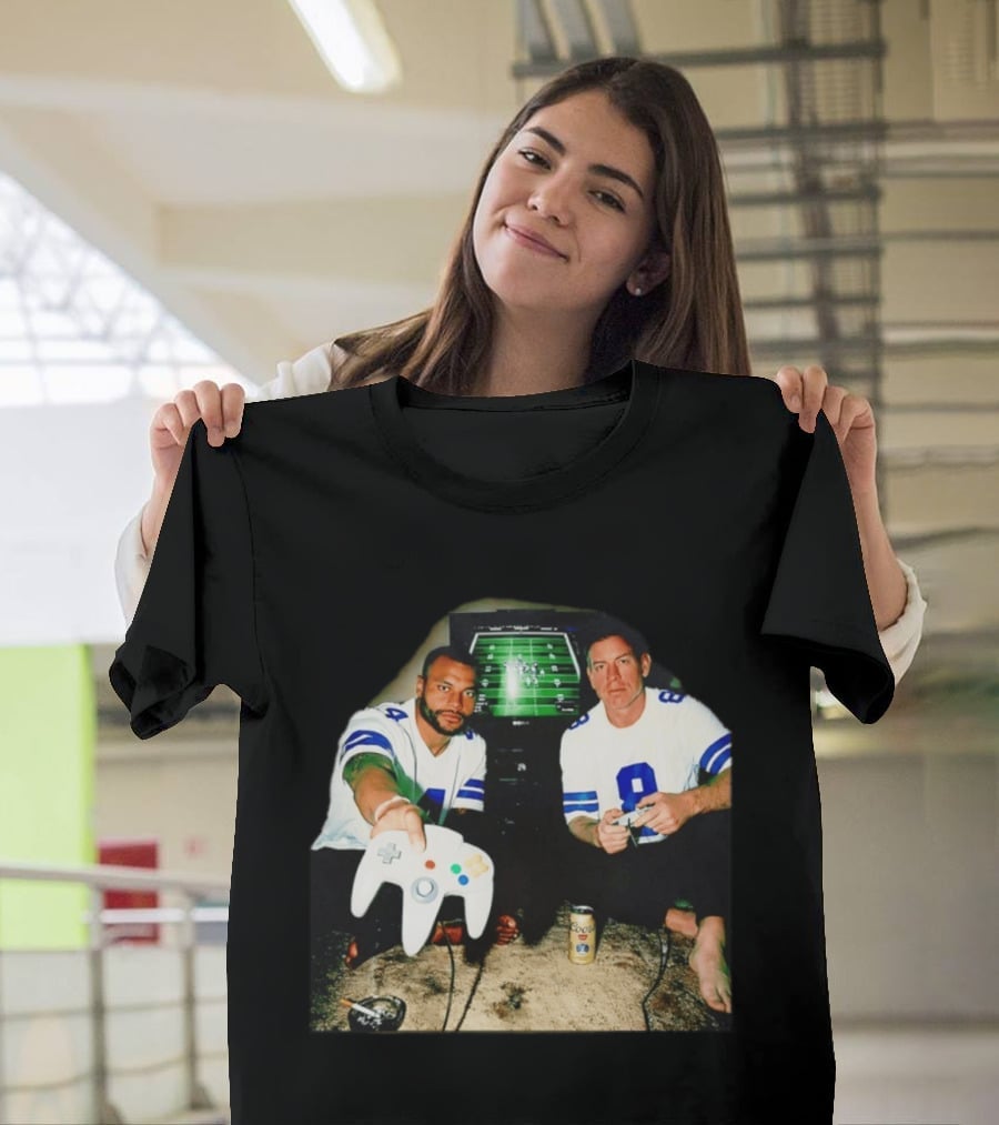 Dak Prescott Troy Aikman Dallas Cowboys Retro Gaming Session T-Shirt