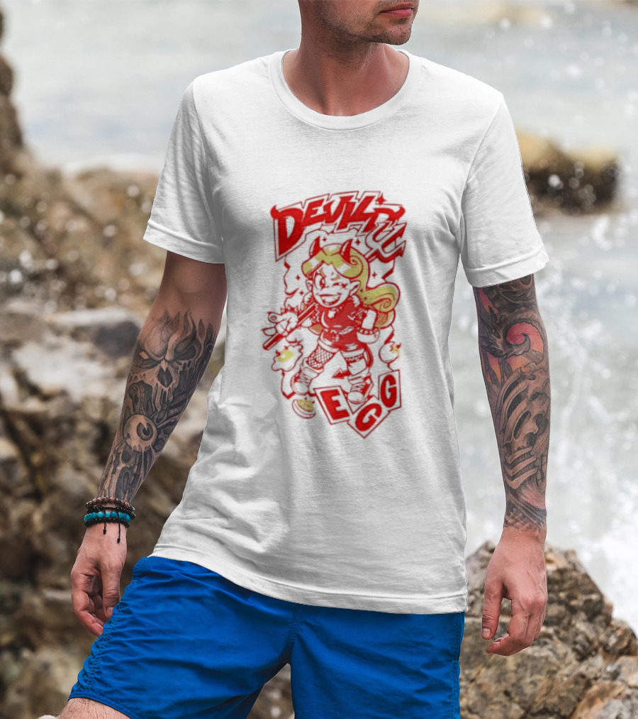 Devil Egg Cartoon Character With Pitchfork And Horns T-Shirt