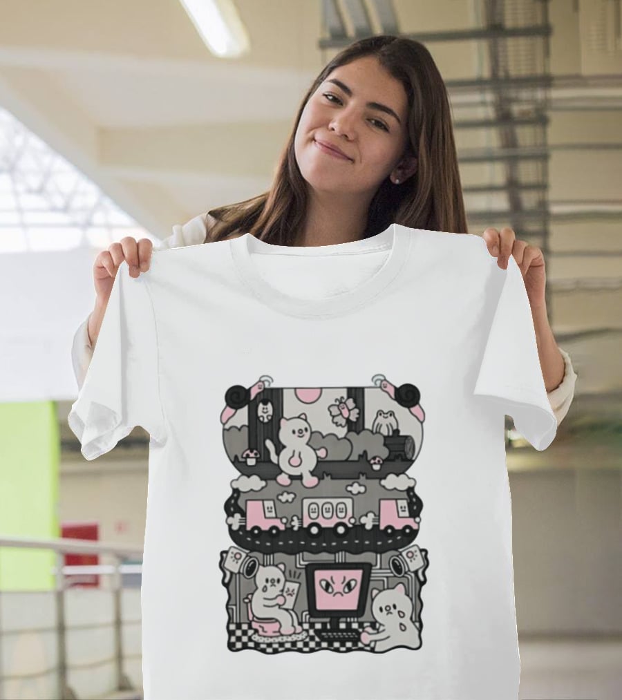 Surveillance Cat Life Internet Digital Computer Monitoring Cute Pink Scene T-Shirt