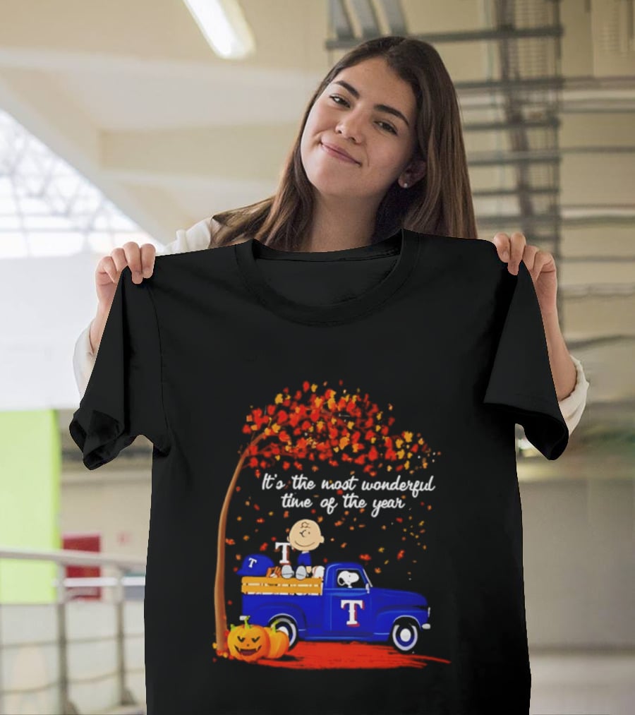 Snoopy Charlie Brown Texas Rangers Halloween 2026 It's The Most Wonderful Time Of The Year Truck Pumpkins T-Shirt