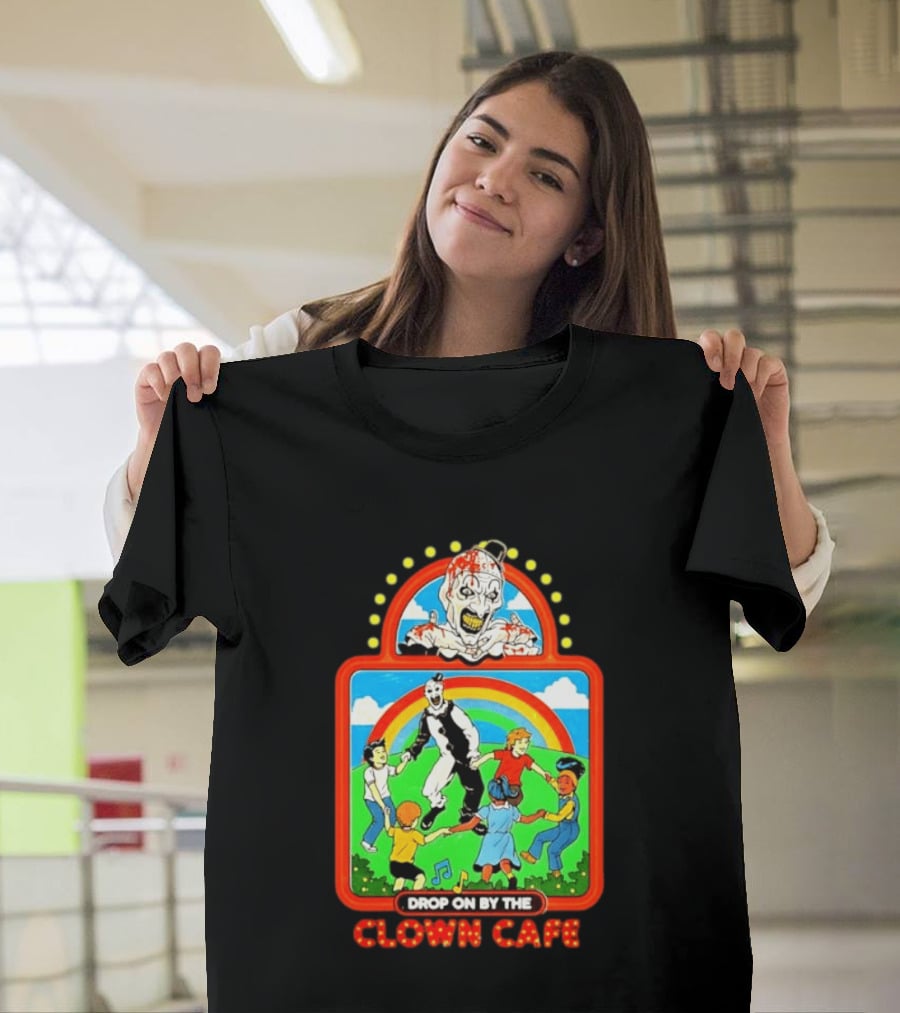 Drop On By The Clown Cafe Creepy Clown Horror With Rainbow And Dancing Kids T-Shirt