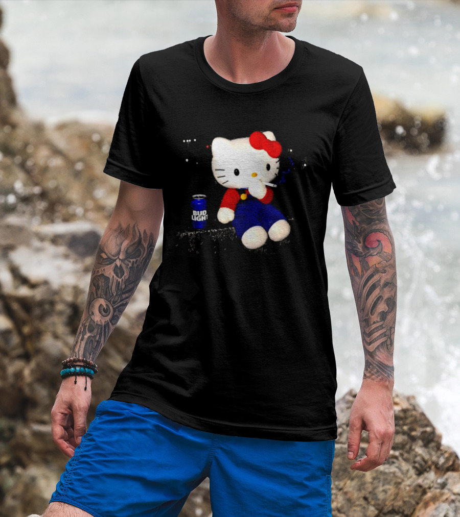 Hello Kitty With Smoking And Bud Light Can T-Shirt