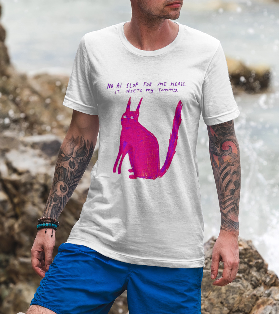 No AI Slop For Me Please It Upsets My Tummy Pink Cat T-Shirt