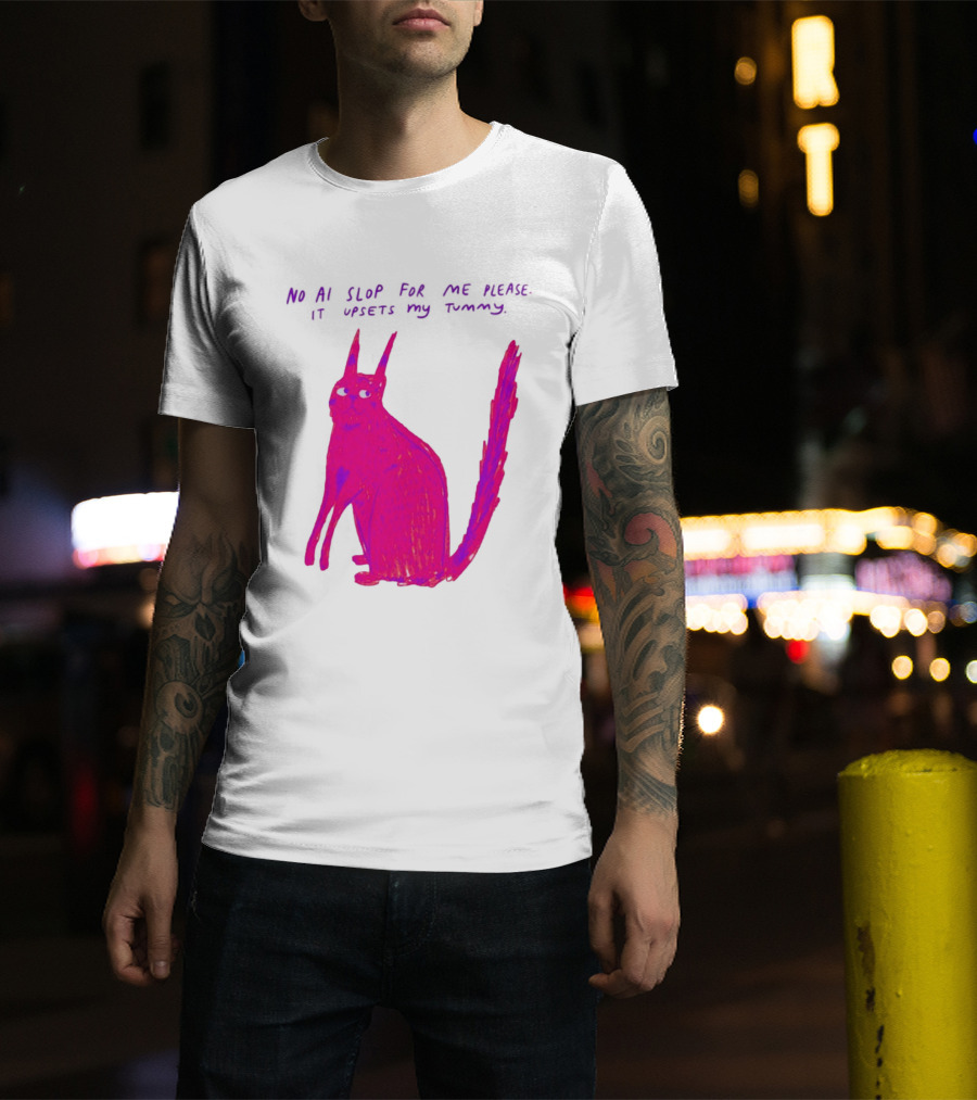No AI Slop For Me Please It Upsets My Tummy Pink Cat T-Shirt