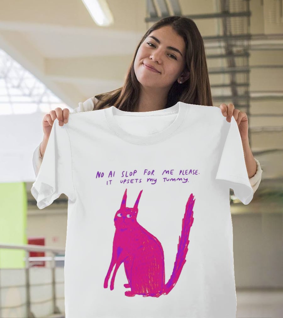 No AI Slop For Me Please It Upsets My Tummy Pink Cat T-Shirt