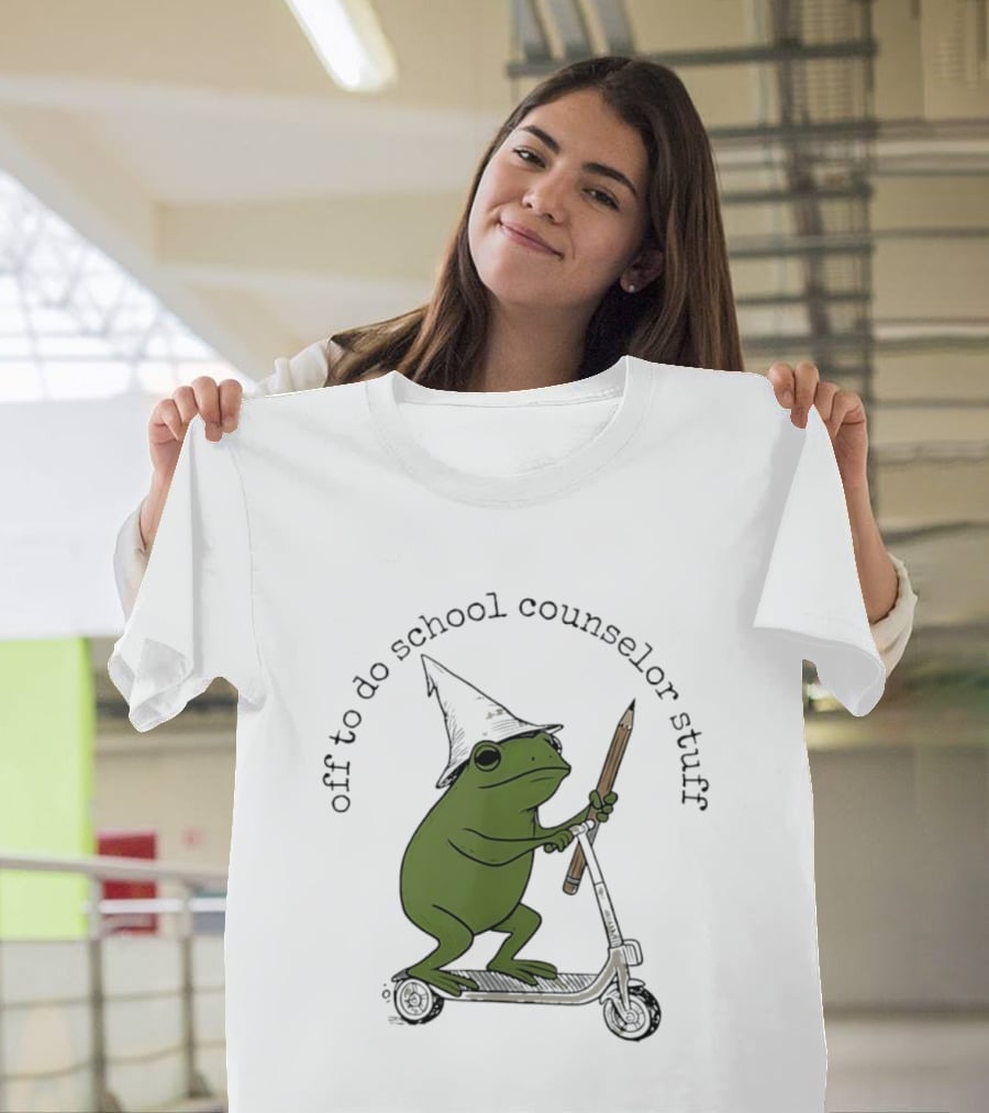 Frog Off To Do School Counselor Stuff With Wizard Hat Riding Scooter T-Shirt