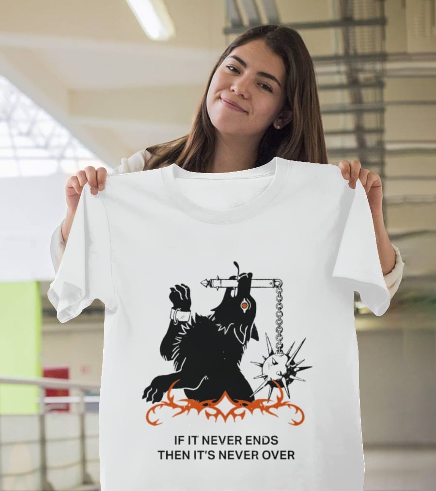 If It Never Ends Then It's Never Over Gothic Skeleton Warrior With Spiked Mace And Orange Flames T-Shirt