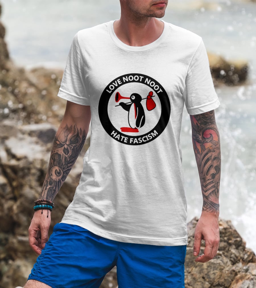 Love Noot Noot Hate Fascism Penguin Carrying Red Bag T-Shirt