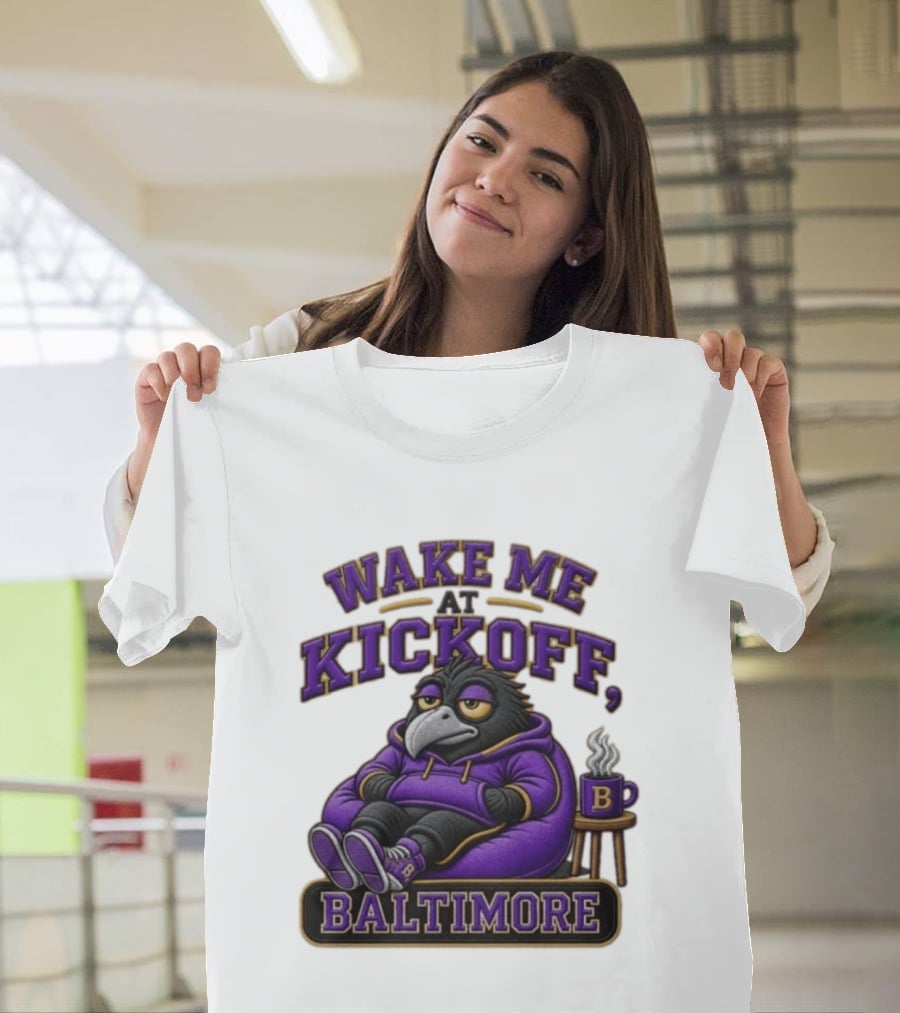 Wake Me At Kickoff Baltimore Purple Bird With Coffee T-Shirt
