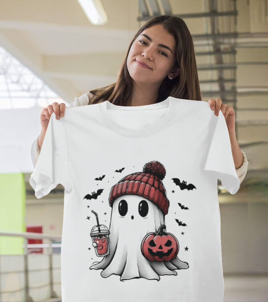 Ghost In Beanie With Pumpkin And Coffee Halloween 2026 T-Shirt
