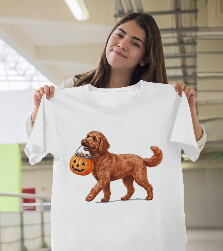 Goldendoodle Halloween Spooky Dog 2026 Pumpkin Treat Bucket T-Shirt