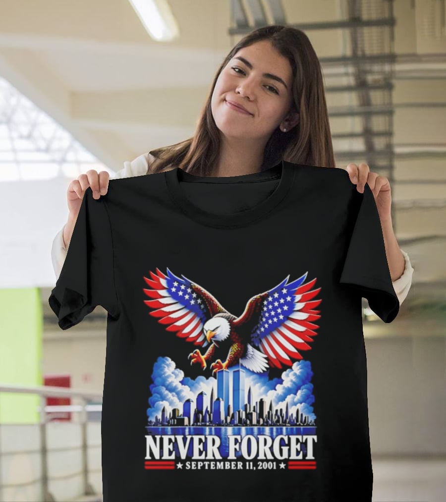 Never Forget September 11 2001 Eagle American Flag Twin Towers Memorial T-Shirt