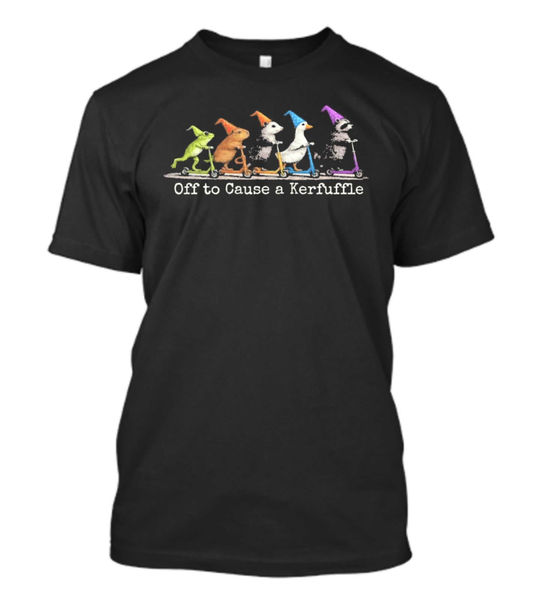 Off To Cause A Kerfuffle Frog Duck And Animals On Scooters With Hats T-Shirt