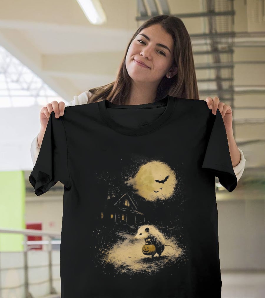 Opossum Halloween 2026 Pumpkin Spooky Moon Haunted House Scene T-Shirt