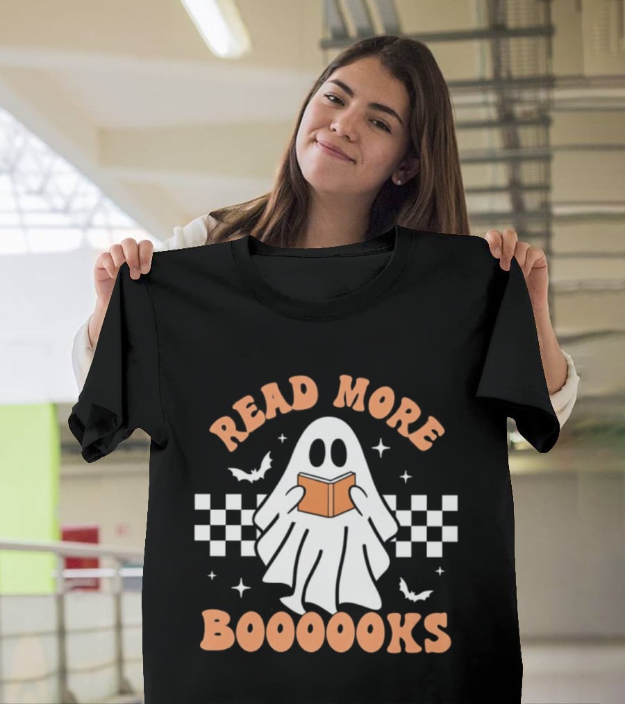 Read More Booooks Ghost Halloween Bat Checkerboard T-Shirt