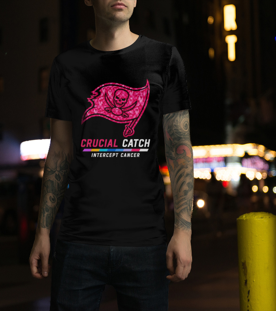 Tampa Bay Buccaneers 2026 Crucial Catch Intercept Cancer Pink Ribbon Flag T-Shirt
