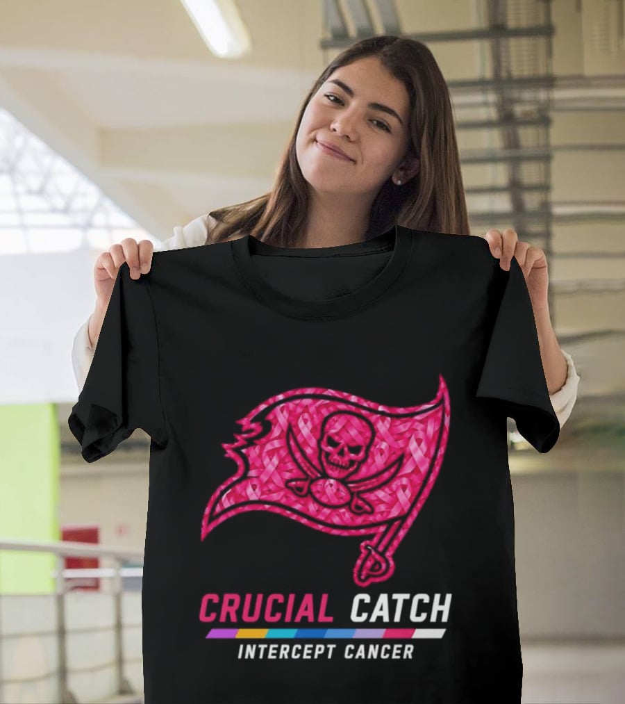 Tampa Bay Buccaneers 2026 Crucial Catch Intercept Cancer Pink Ribbon Flag T-Shirt