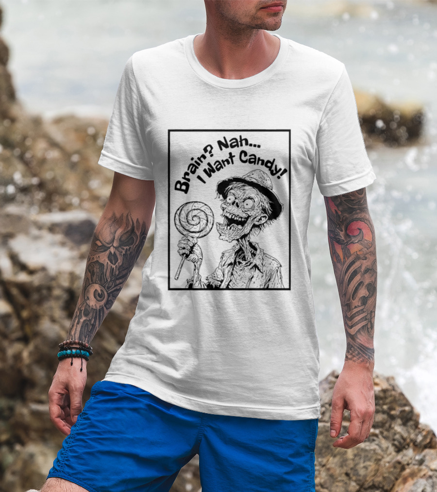 Halloween Zombie Eating Lollipop Brain Nah I Want Candy Ghost T-Shirt