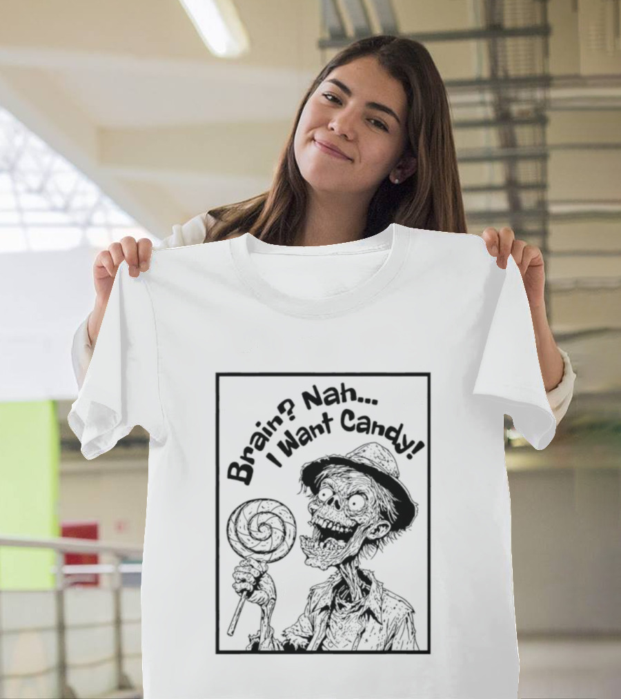 Halloween Zombie Eating Lollipop Brain Nah I Want Candy Ghost T-Shirt